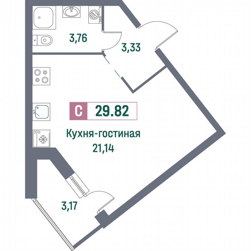 Квартира-студия, 29,8 м², 2/16 эт.