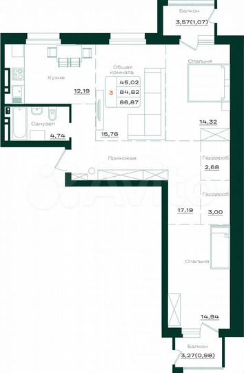 3-к. квартира, 86,9 м², 7/21 эт.