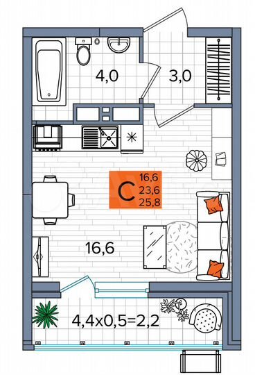 Квартира-студия, 25,8 м², 13/17 эт.