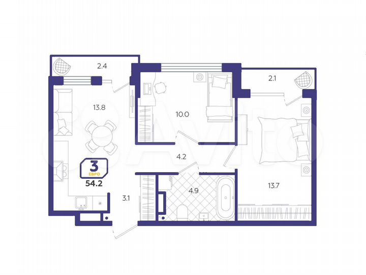 3-к. квартира, 54,2 м², 8/24 эт.