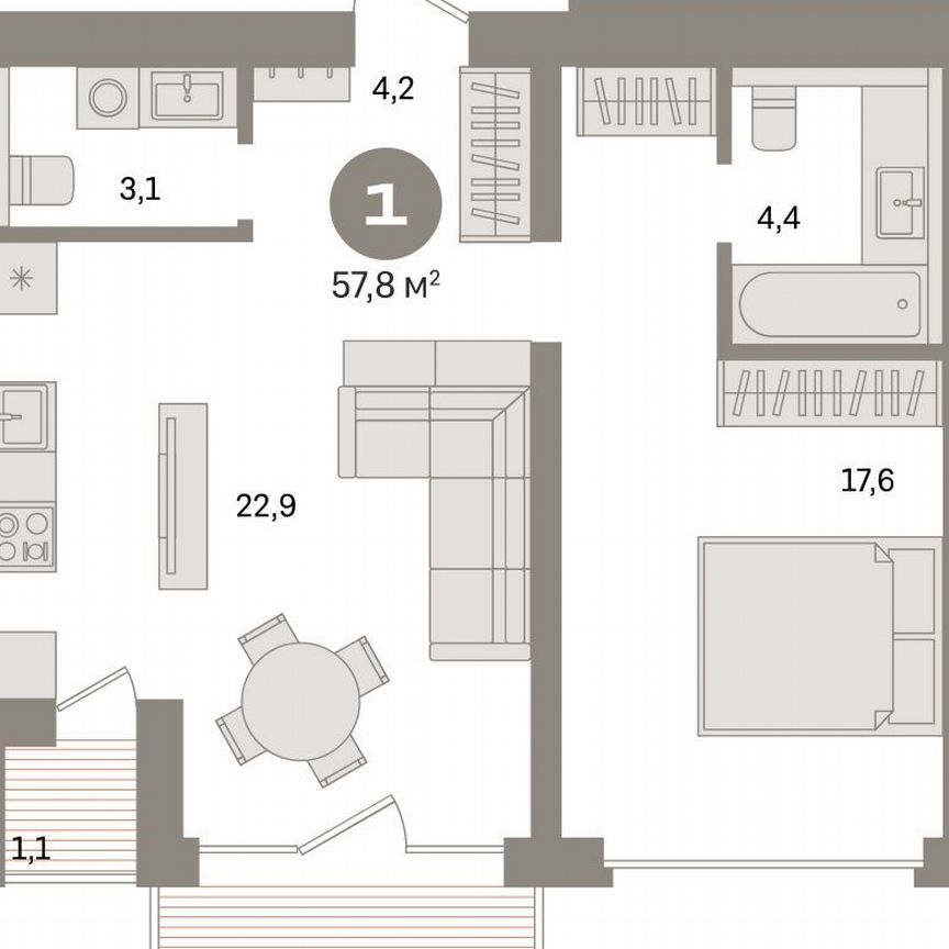 1-к. квартира, 57,8 м², 5/16 эт.