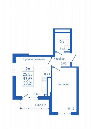 2-к. квартира, 39,2 м², 15/25 эт.