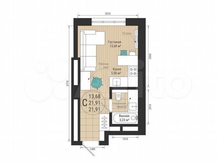 Квартира-студия, 21,9 м², 27/27 эт.