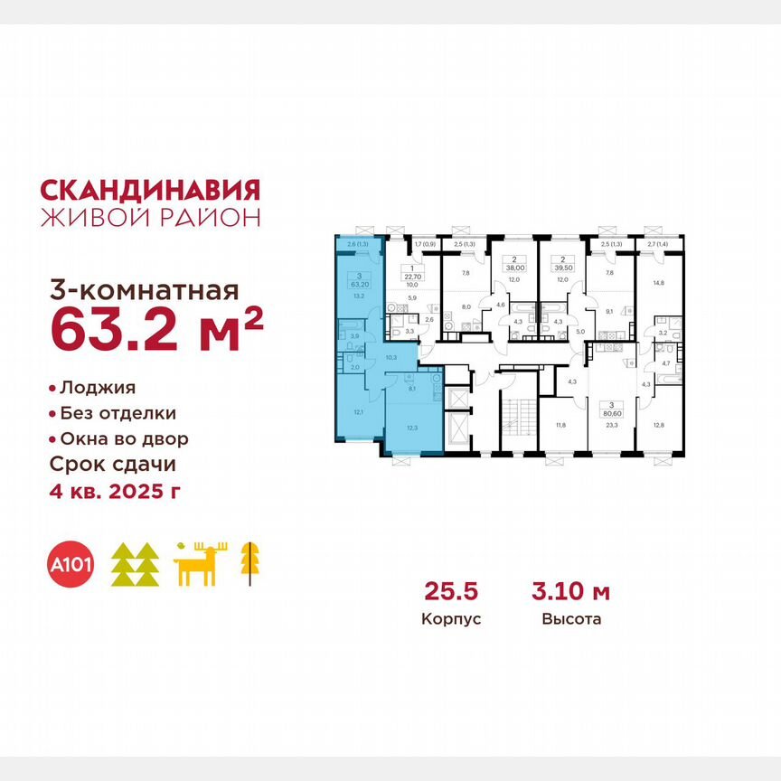 3-к. квартира, 63,2 м², 9/17 эт.