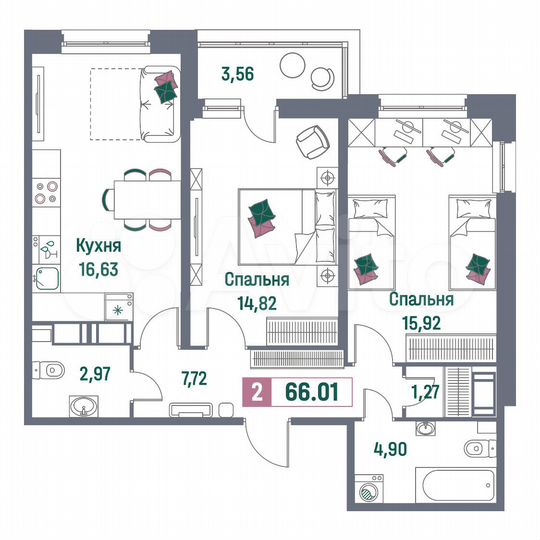 2-к. квартира, 66 м², 2/16 эт.