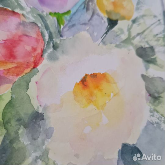 Картина с букетом цветов, акварель