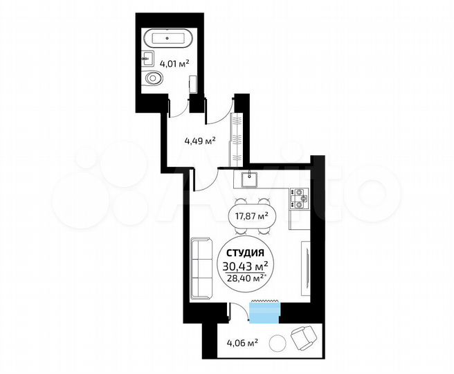 Квартира-студия, 28,4 м², 6/16 эт.