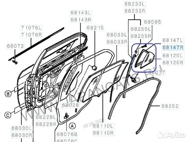 Стекло боковое заднее правое Mitsubishi Lancer CS