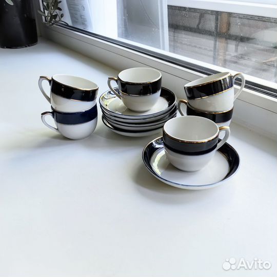 Кофейный сервиз Вербилки СССР синий с позолотой