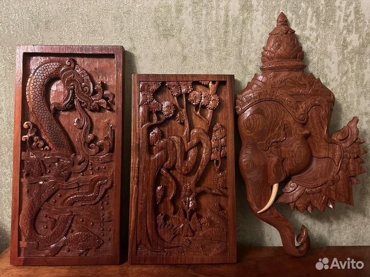 Лаос резьба по дереву ручная работа панно слон