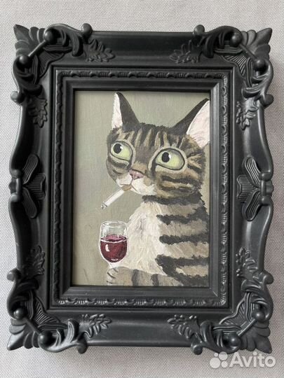 Картина Кот и вино 10х15 холст