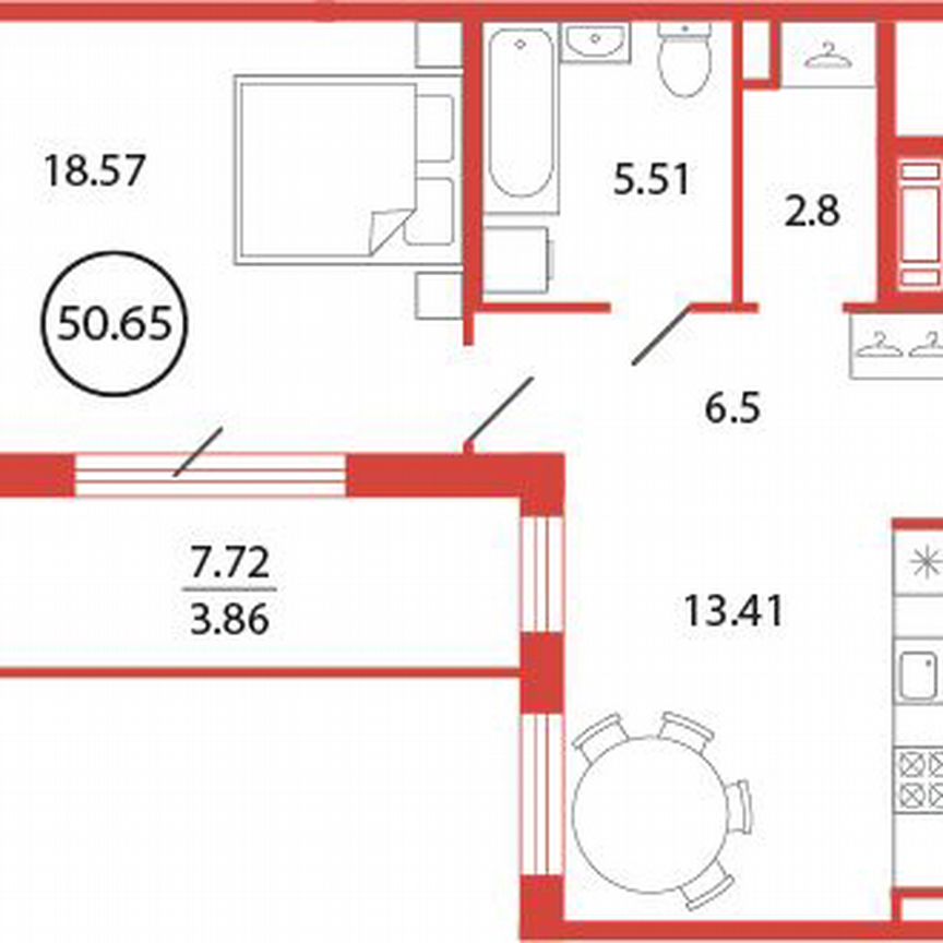 1-к. квартира, 50,7 м², 7/12 эт.