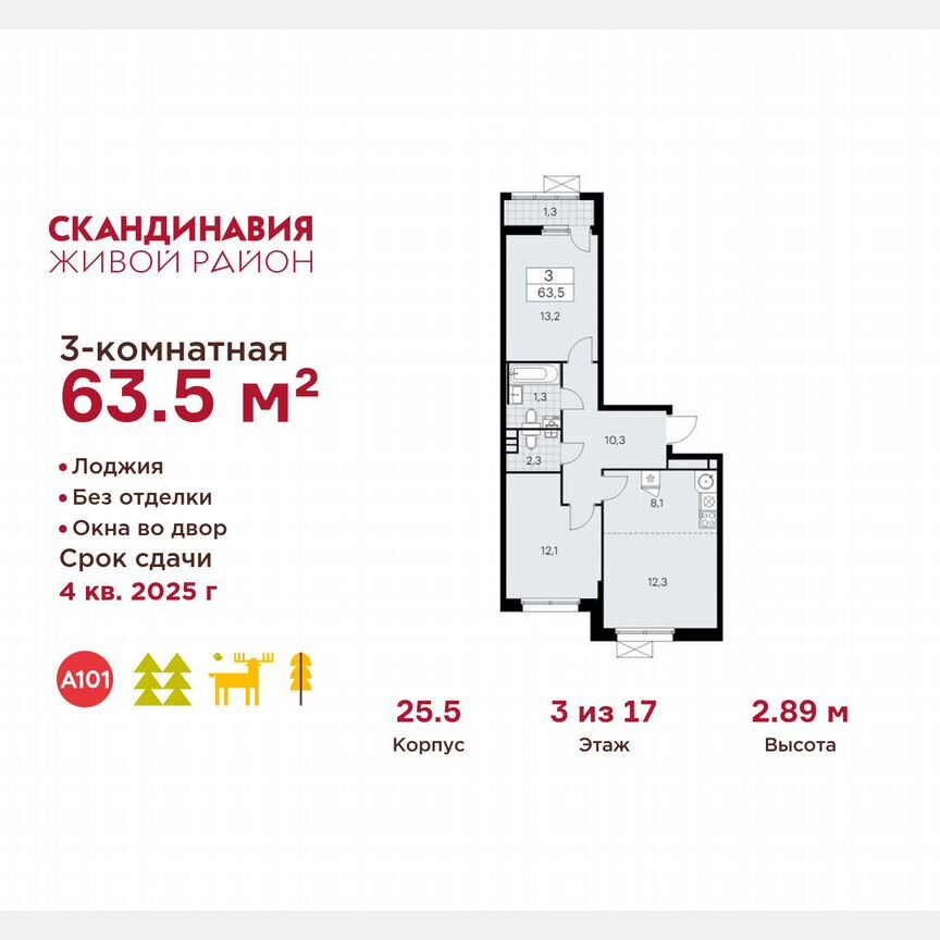 3-к. квартира, 63,5 м², 3/17 эт.