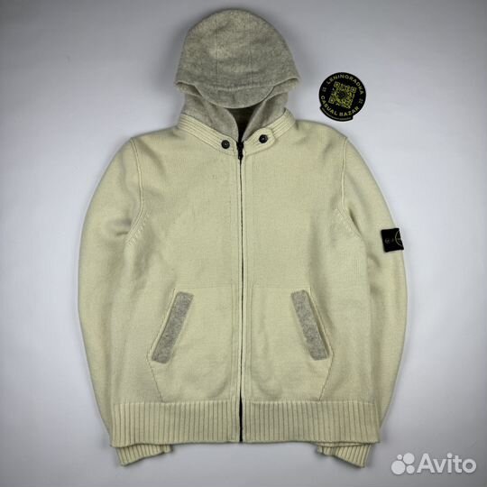 Stone Island White Wool Zipped Hooded Jumper