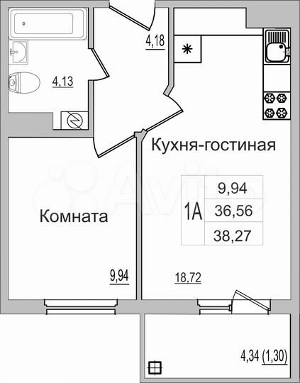 1-к. квартира, 38,3 м², 7/9 эт.