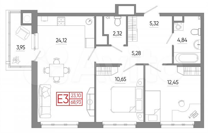 2-к. квартира, 68,9 м², 9/18 эт.