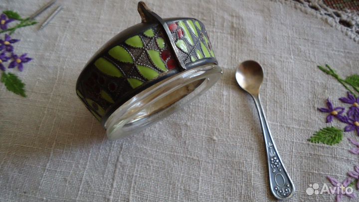 Горчичница с ложечкой Мельхиор юммет, две эмали