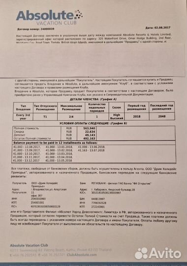 Сертификат на клубный отдых Absolute (таймшер)