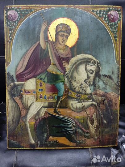 Старинная икона св Георгий Победоносец большая