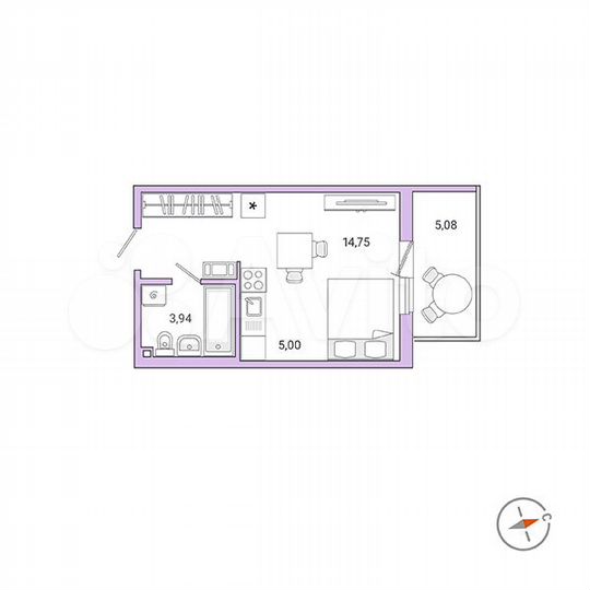 1-к. квартира, 25,2 м², 7/9 эт.