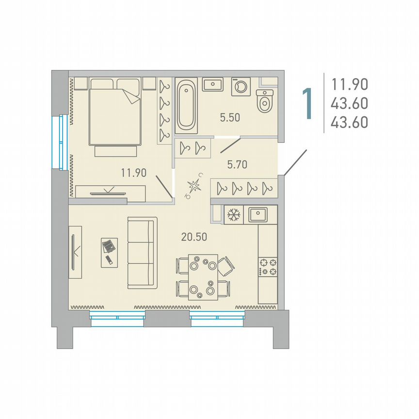 1-к. квартира, 43,6 м², 2/17 эт.