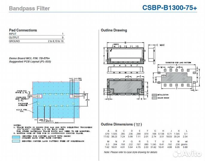 Полосовой фильтр csbp-B1300-75+