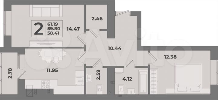 2-к. квартира, 61,2 м², 2/10 эт.