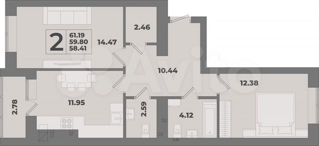 2-к. квартира, 61,2 м², 2/10 эт.