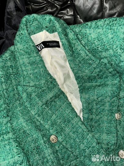 Твидовый пиджак zara женский зеленый