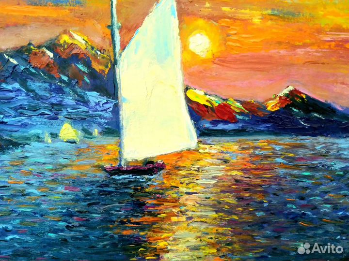 Картина картон,масло, морской пейзаж,парусник