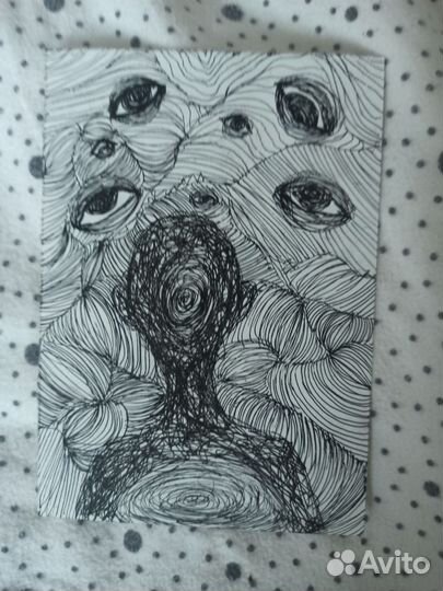 Рисунок в стиле психоделика черной гелевой ручкой