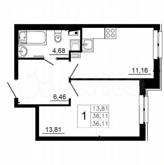 1-к. квартира, 36,1 м², 2/12 эт.