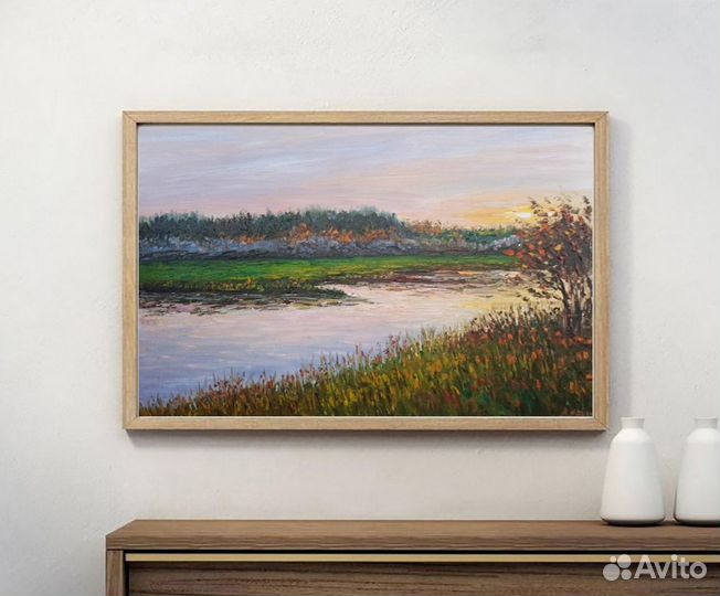 Картина пейзаж маслом лето закат речка холст