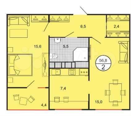 2-к. квартира, 56,8 м², 7/19 эт.