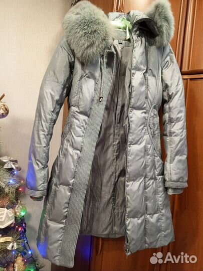 Пуховик серо голубой пух перо на морозы 46