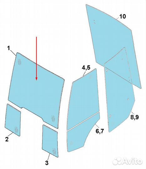 Стекло кабины лобовое Terex 6099916M1