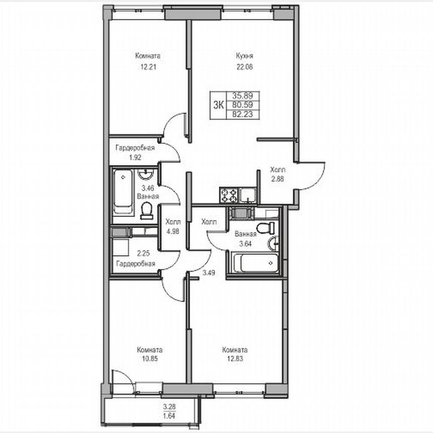 3-к. квартира, 82,2 м², 9/23 эт.