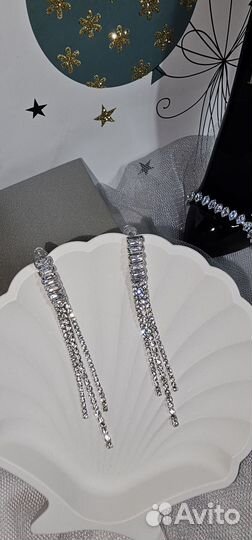 Серьги длинные цепочки из страз с цирконами серебр
