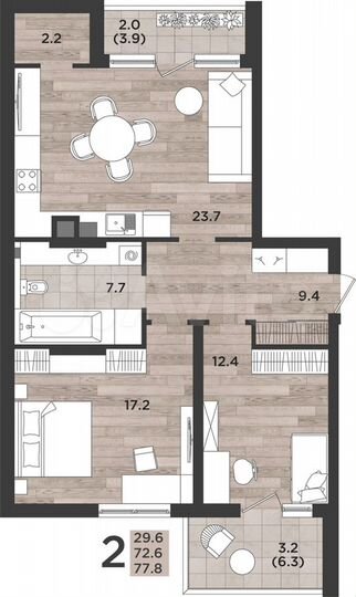 2-к. квартира, 77,8 м², 1/12 эт.