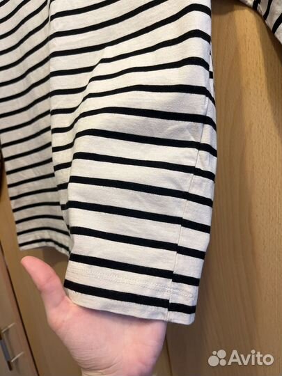 Лонгслив,тельняшка бежевая в черную полоску