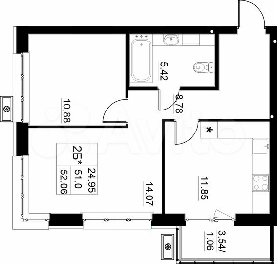2-к. квартира, 52,1 м², 6/15 эт.