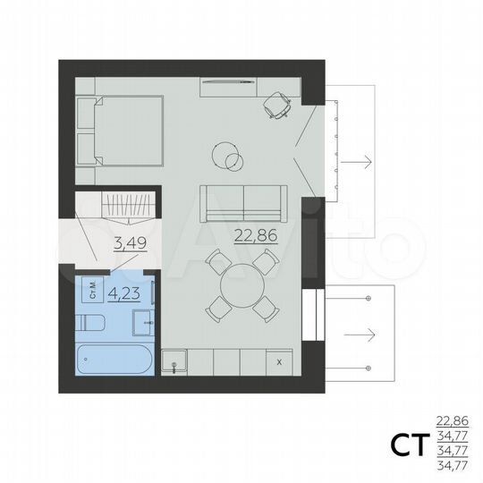 1-к. квартира, 34,8 м², 3/6 эт.