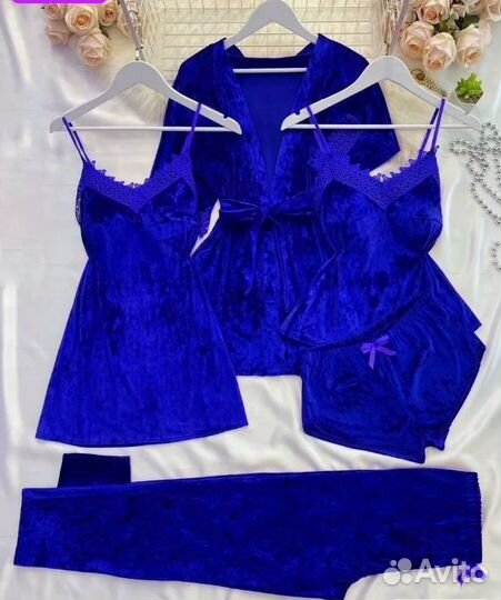 Пижама женская синяя из велюра 5 в 1