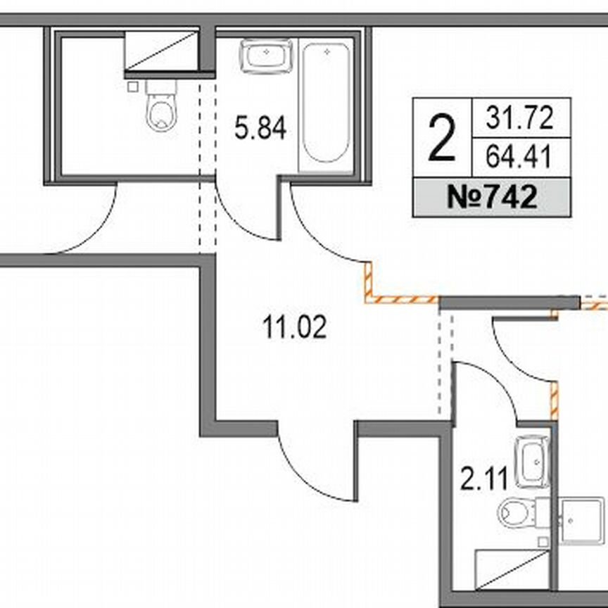 2-к. квартира, 64,4 м², 2/25 эт.