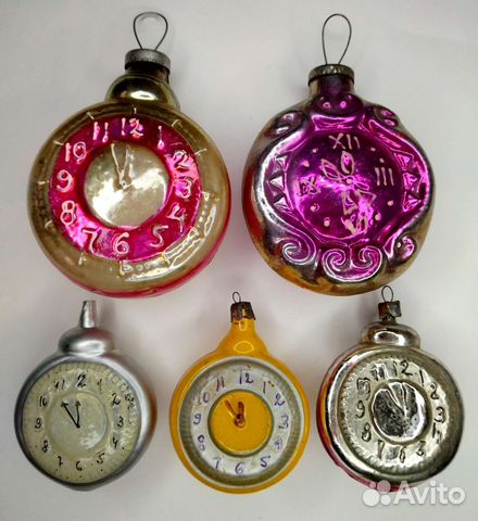 Ёлочные игрушки часы, будильники 5шт. СССР
