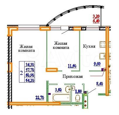 2-к. квартира, 63,8 м², 2/14 эт.