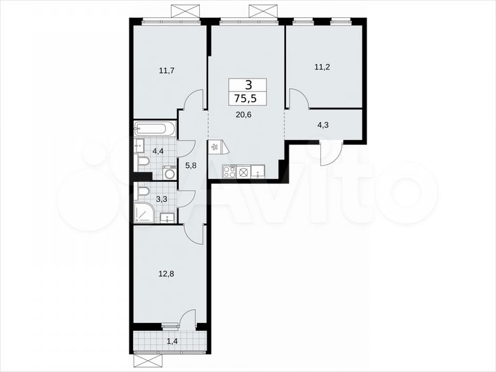 3-к. квартира, 75,5 м², 8/17 эт.