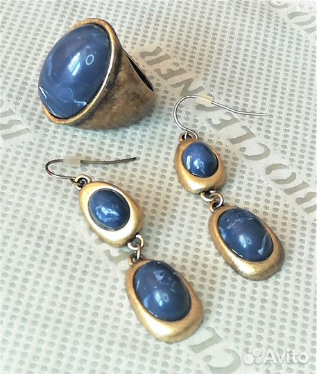 Серьги, кольцо латунь лазурит разм. 19,5 С597