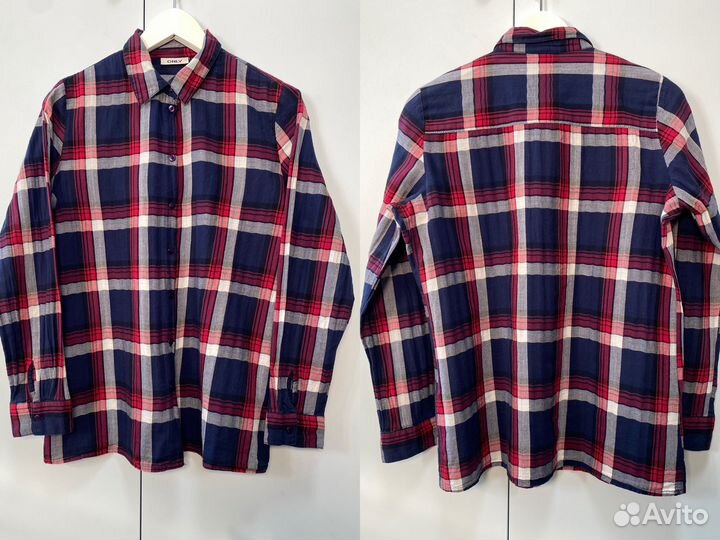 Рубашка синяя красная в клетку хлопок 44-46