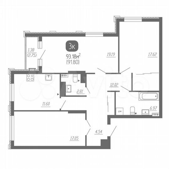 3-к. квартира, 92,7 м², 11/22 эт.